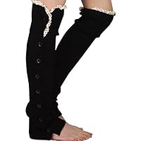 Womens Knee High Knit Flat Button Down Crochet Lace Trim Leg Warmers Boot Socks