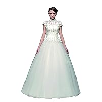 Women's High Neck Floor Length Ball Gown Lace Wedding Dress With Short Sleeves