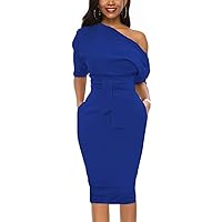 Elegant Womens Wear to Work Casual one Shoulder Belted Pencil Dress with Pockets
