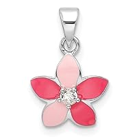 925 Sterling Silver Rhodium Plated CZ Cubic Zirconia Simulated Diamond and Enamel Flower for boys or girls Pendant Necklace Measures 17x11mm Wide 3.15mm Thick