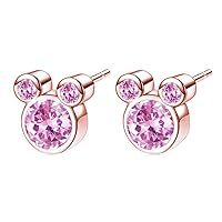 Lovely Mickey Mouse Animal Round Cut Pink Sapphire 14K Rose Gold Over.925 Sterling Sliver Stud Earrings Birthstone Earrings Stud For Women's Girl Birthday Gifts