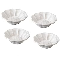 Set of 4 Japanese Style Flower Ceramic 4 Inch Appetizer Plates, Small Dishes, Dipping Tray for Sauce Snack Seasoning Dessert Fruit Salad Tomato Ketchup (White)