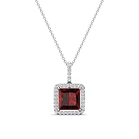 Princess Cut Red Garnet & Round Diamond 2.03 ctw Women Halo Pendant Necklace 14K Gold