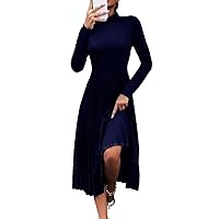 Women's Dress Dresses for Women Mock Neck Solid Pleated Hem Dress (Color : Navy Blue, Size : Medium)