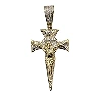 10K Yellow Gold Diamond Jesus Cross Mariner Charm Anchor Pendant For Men and Women | 2.1 inchs Round Cut Real Gold White Diamond Necklace Chain Mens Religious Charm Pendant 0.25 CT | Custom Jewellery Gift for Him