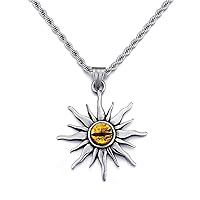 Vintage Stainless Steel Sunburst Pendant with Yellow Evil Eye Flame Sun Flower Necklace for Men Women