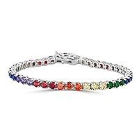 HarlemBling Real Solid 925 Sterling Silver Mens Or Womens Multi Colored Tennis Bracelet - 4mm Rainbow CZ - 6-9