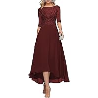 Lace Appliques Mother of The Bride Dress 3/4 Sleeves A line Tea Length Chiffon Formal Wedding Party Prom Gowns for Women