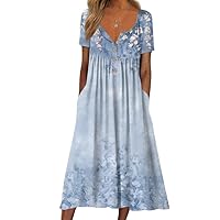 Akivide Women's Short Sleeve Boho Floral Print Maxi Dress Summer V Neck Casual Loose Dress with Pockets