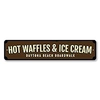 Hot Waffles & Ice Cream Sign, Boardwalk Food Treats Sign, Custom Location Beach House Aluminum Decor - 3 x 13