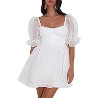 Summer Square Neck Puff Sleeve Organza Babydoll Dress for Women Casual High Waist Tulle Puffy Mini Dress
