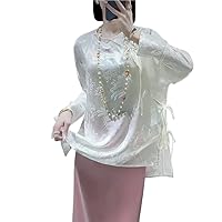 Spring Summer Chinese Style Embroidery Silk Blouse Shirt Women Elegant Loose Lady Top