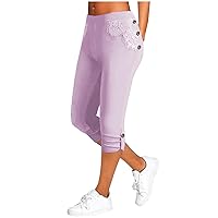 Women's Business Casual Capri Pants Button Elastic High Waist Cropped Pencil Pants Floral Lace Patched Summer Trousers