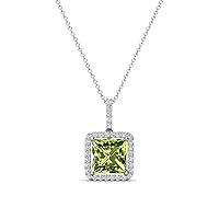 Princess Cut Peridot & Round Diamond 1.88 ctw Women Halo Pendant Necklace 14K Gold