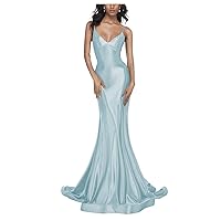 Women's V Neck Suspenders Prom Dress Mermaid Satin Prom Gown with Trailing Lacing Floor Length Evening Dress