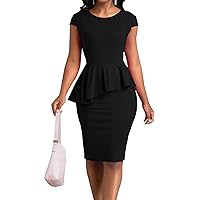 Women's Peplum Pencil Dress Elegant Crew Neck Cap Sleeves Vintage Knee-Length Dress Wear to Work (Black,L)