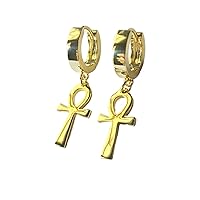 Mens Ladies 14K Gold Over Silver Ankh Cross Hoop Earrings Studs Iced Out aretes para hombre - Men's Hoop Earrings, Back, Men's Jewelry, Hip hop Earring Latch Lock