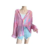 Sunscreen Shirts Women' Summer Thin Chiffon Student Girl Semi-Transparent Loose Blouse Reflect Light Tops