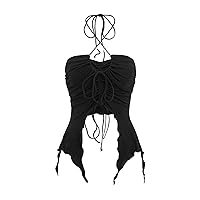 GORGLITTER Women's Split Drawstring Open Back Halter Top Y2K Sleeveless Asymmetrical Hem Crop Cami Top