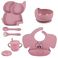 Silicone Baby Feeding Set | Baby Led Weaning Supplies | Baby Feeding Supplies | Toddler Silicone Dishes | Suction Plate and Bowl, Bib, Straw and Snack Cup, Utensils Set of 6 -Dark Pink