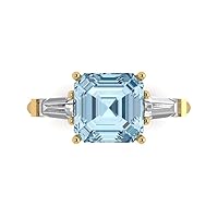 Clara Pucci 3.47ct Asscher Baguette cut 3 stone Solitaire accent Natural Light Sea Blue Aquamarine designer Modern Ring 14k Yellow Gold