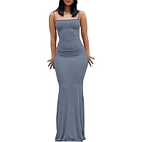 Women Sexy Bodycon Maxi Dress Sleeveless Solid Color Slip Dress Elegant Long Cami Dresses Evening Party