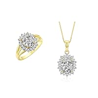 RYLOS Women's Yellow Gold Plated Silver Princess Diana Ring & Pendant Set. Gemstone & Diamonds, 9X7MM Birthstone. 2 PC Perfectly Matched Friendship Jewelry.