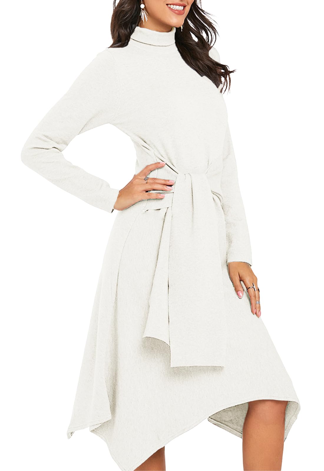 Jayscreate Women's Fall Sweater Dress 2023 Long Sleeve Midi Tie Front A-Line High Waist Winter Business Casual Dress