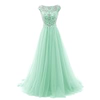 Women's Beads Long Prom Dress Tulle Cap Sleeves Evening Dress