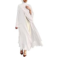 Women's Dubai Style Cardi Robe Chiffon Cardigan Open Front Muslim Dresses Caftan Abaya Solid Color Loose Vintage Islamic Long Maxi Dress Robe Gown with Belt(White XXL)