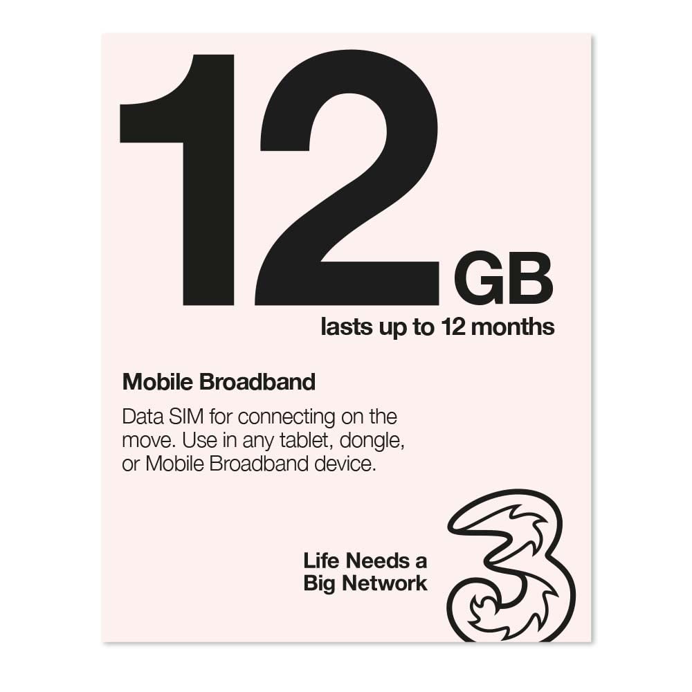Three Mobile Pay As You Go Mobile Broadband 12 GB Data SIM
