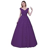 V Neck Cap Sleeve Long Prom Dresses for Women Puffy Tulle Laces Appliques A Line Sweet Quinceanera Dresses