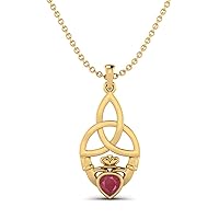 MOONEYE 0.60 Cts Heart Shape Ruby Glass Filled Claddagh Traditional Pendant Necklace 925 Sterling Silver Celtic Design Jewelry