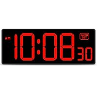 LED Digital Wall Clock with Seconds, Electric Clock Plug Auto DST Dimmer Large Display 10 Inches (Red)