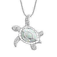 LRGKMCWTOB Small Turtle Pendant Statement Necklace Health and Longevity 925 Sterling Silver Created Opal Sea Turtle Pendant Necklace Birthstone Jewelry Adjustable Christmas Gifts for Women (White)