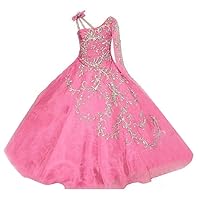 Girl's One Shoulder Long Sleeves Pageant Dress Beaded Sequins Embroidery Formal Evening Dress Pink