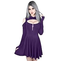 Women's Hooded Mini Dress Fashion Cool Gothic Solid Color Hooded Low Cut Off Shoulder Zipper Mini Dress Top
