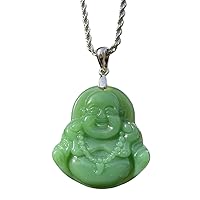 Mens Womens Luck Happy Light Green Jade Buddha Pendant Laughing Buddha Statue Silver Chain Necklace Pendant