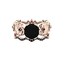 4 CT Round Cut Natural Black Onyx and Pave Set Black Spinal in Plated Engagement Ring Set Vintage Art Deco Unique Flower Ring Set