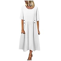 Birthday Dresses for Women 2023 2024 Cotton Linen Round Neck Solid Maxi Dress Casual Strapless Party Flowy Dress