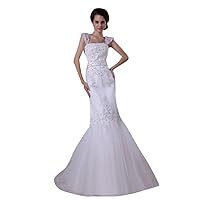 White Mermaid Trumpet Tulle Wedding Dresses With Lace Applique