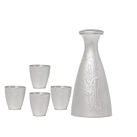 999 Sterling Silver Sake Cup Decanter Set, Handmade hammered Lines, Toast to Invite Moon Sake Decanter Cups, 5 piece set