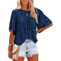 Dokotoo Womens 3/4 Bell Sleeve Blouse Summer Crewneck Lace Tops Floral Textured Babydoll Shirts