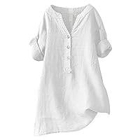 Women's 3/4 Sleeve Cotton Linen Jacquard Blouses Top T-Shirt Womens Linen 3/4 Sleeve Blouse Crew Neck Summer Casual Tops Loose Fit Linen Shirts for Women Plus Size 3/4 Length Sleeve Tops