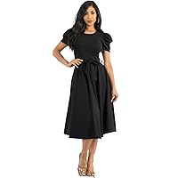 Women's Midi Dress, Short Puff Sleeve, Round Neck, for Formal, Wedding Guest, Party