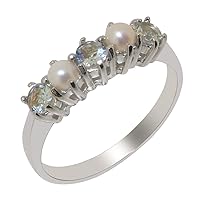 925 Sterling Silver Natural Aquamarine & Cultured Pearl Womens Eternity Ring - Sizes 4 to 12 Available