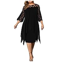 Fashion Women Chiffon Hollow Out Double Plus Size Dress Paneled 3/4 Sleeve Hem Chiffon Dress (Black, L)
