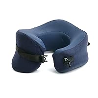 Cushion Lab Travel Pillow, Award-Winning Patented Ergonomic Design for Chin & Neck Support Memory Foam Neck Pillow, Compact Airplane Pillow for Traveling, Flight, Car (Navy, Large)