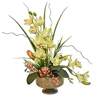 Green Faux Cymbidium Orchids in Aged Metal Sosa Bowl