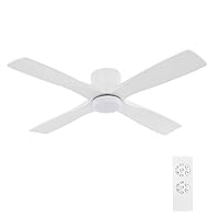WINGBO 54 Inch Flush Mount DC Ceiling Fan with Lights and Remote, 4 Reversible Carved Wood Blades, 6-Speed Noiseless DC Motor, Hugger Ceiling Fan in Gloss White with White Blades, ETL Listed